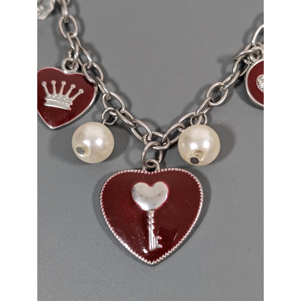 Red Heart Crown Charm Bracelet Faux Pearl Gothic Queen Style 9" - Picture 2 of 6